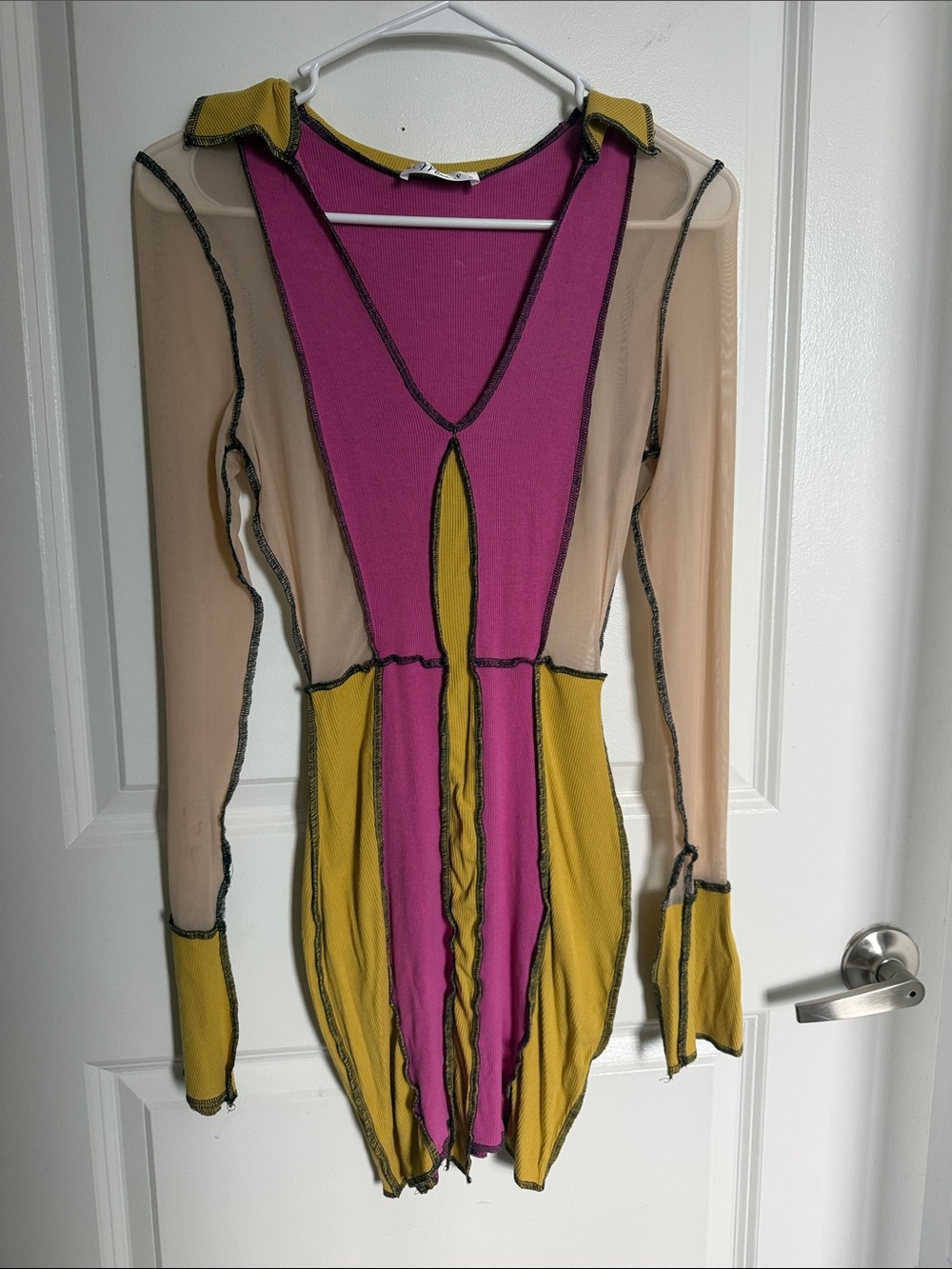 Sheer Panel Long Sleeve Top in Magenta and Mustard